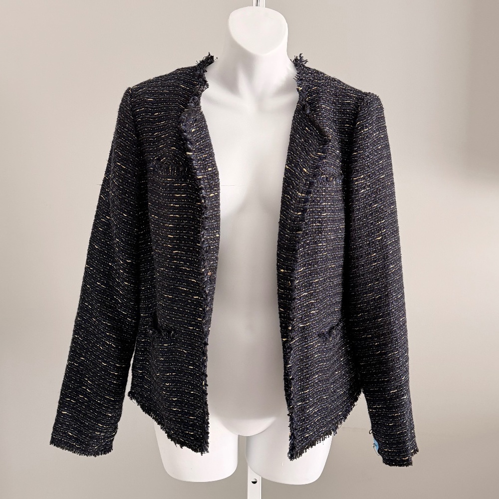 Anine Bing Navy Tweed Open Blazer with Metallic Thread